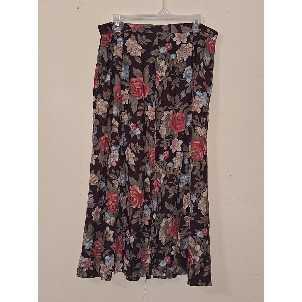 Koret Vintage Floral Maxi Skirt Burgundy Red Blue Pockets Elastic Waist Sz XL
